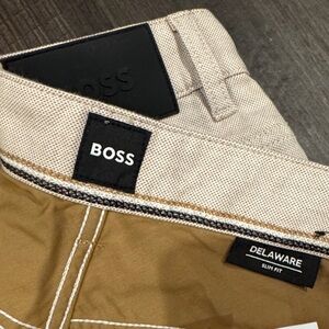 Boss Delaware Slim Fit Trousers in Tan and Cream
